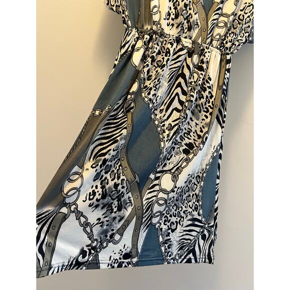 Short Sleeve V-Neck Tunic Dress Silver Blue Zebra Size Small JL - Picture 6 of 8